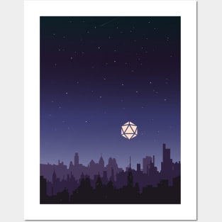 Midnight Starry Night D20 Dice Over City Tabletop RPG Cityscape Posters and Art